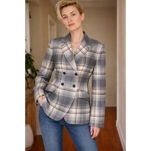 Banana Republic Womens Grey Plaid Hourglass Double Breasted Blazer Jacket Sz 6